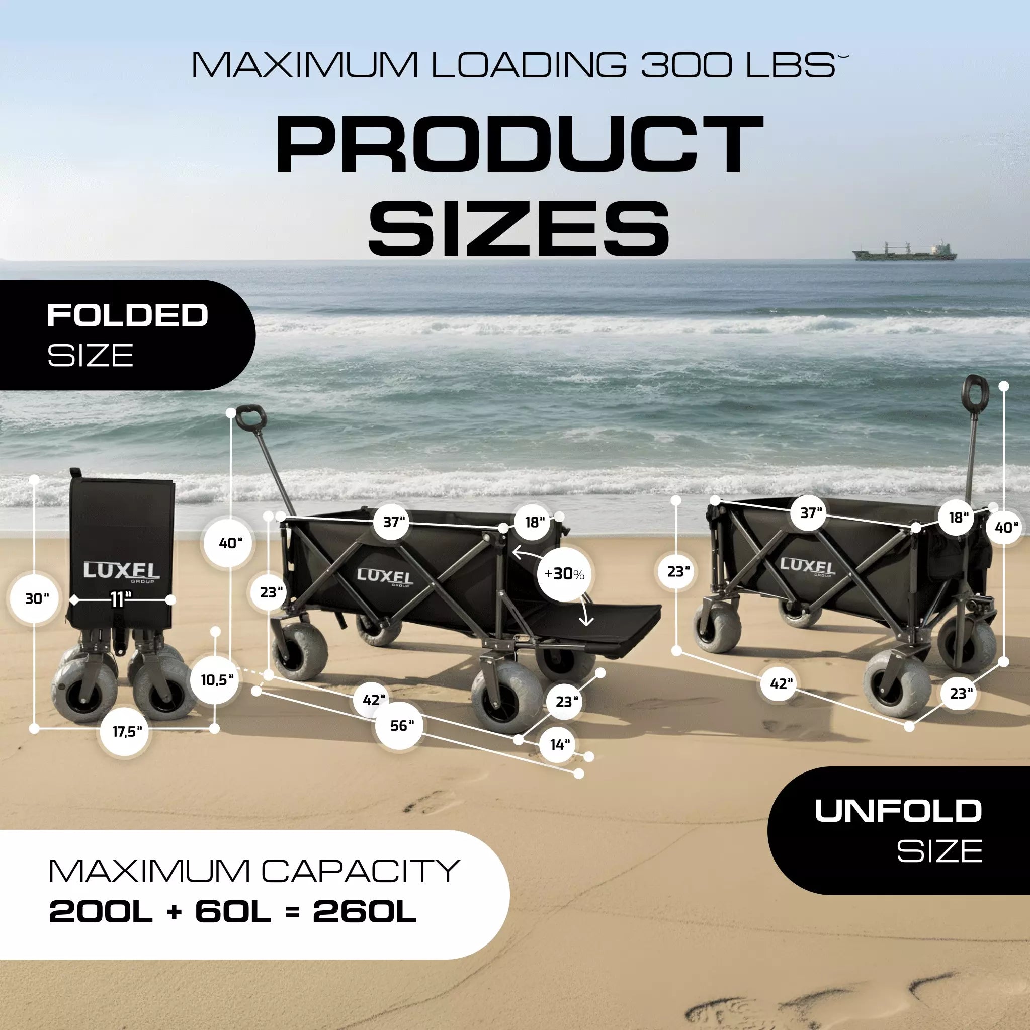Product size comparison of a folding cart on a beach with ocean view