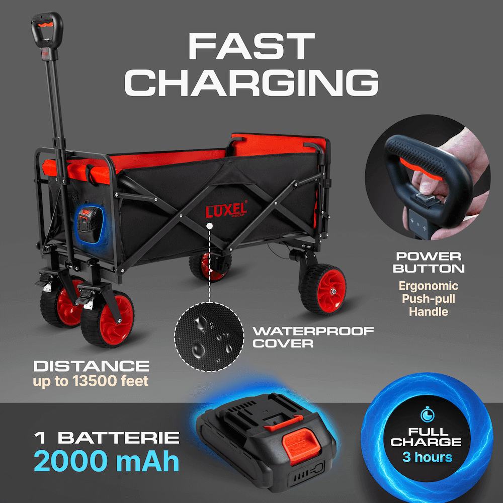 Luxel Group electric wagon with red wheels, showcasing waterproof cover, ergonomic push-pull handle, single 2000 mAh battery, and 3-hour full charge.