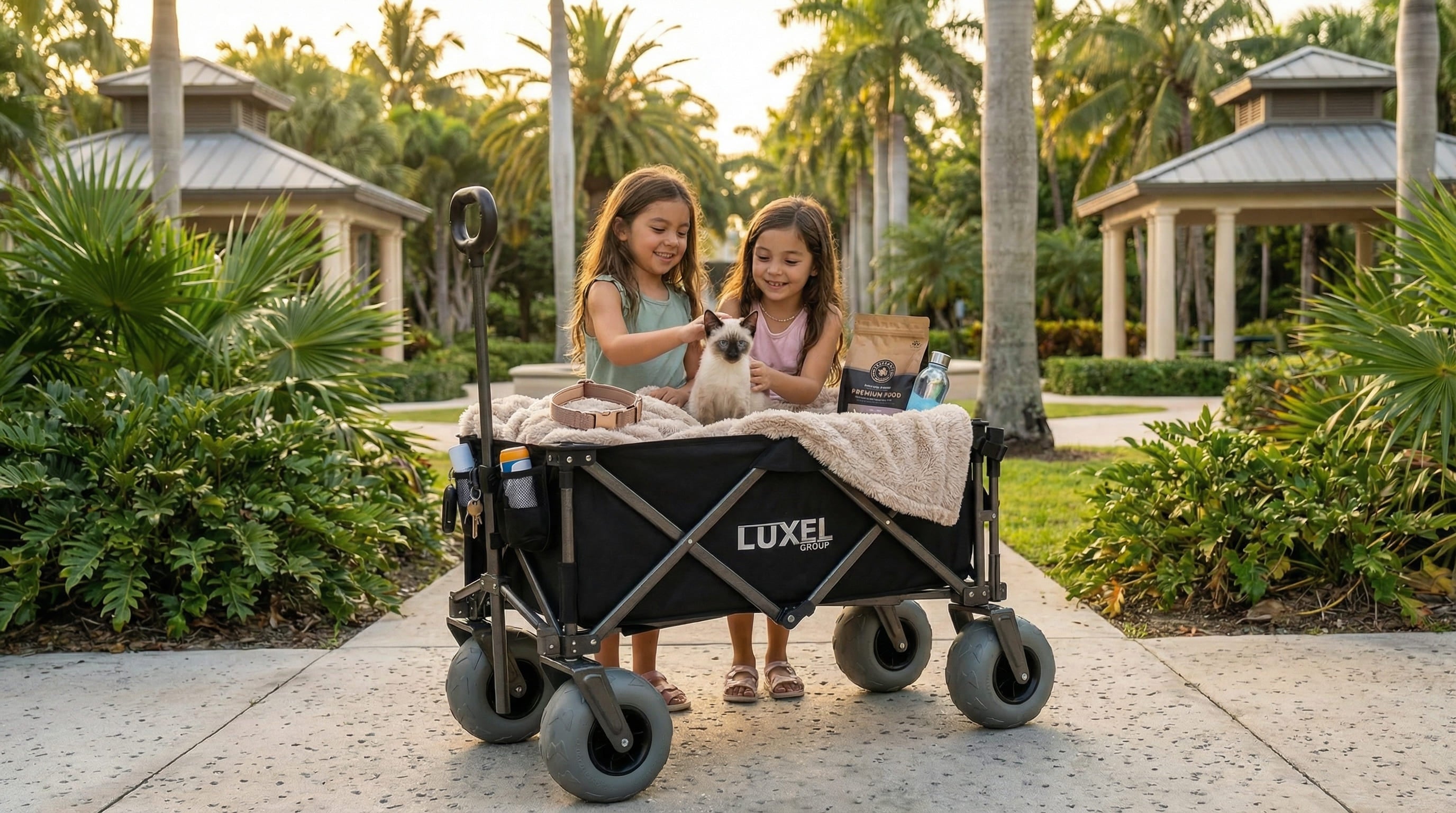 Two children with a dog in a Luxel wagon in a park setting