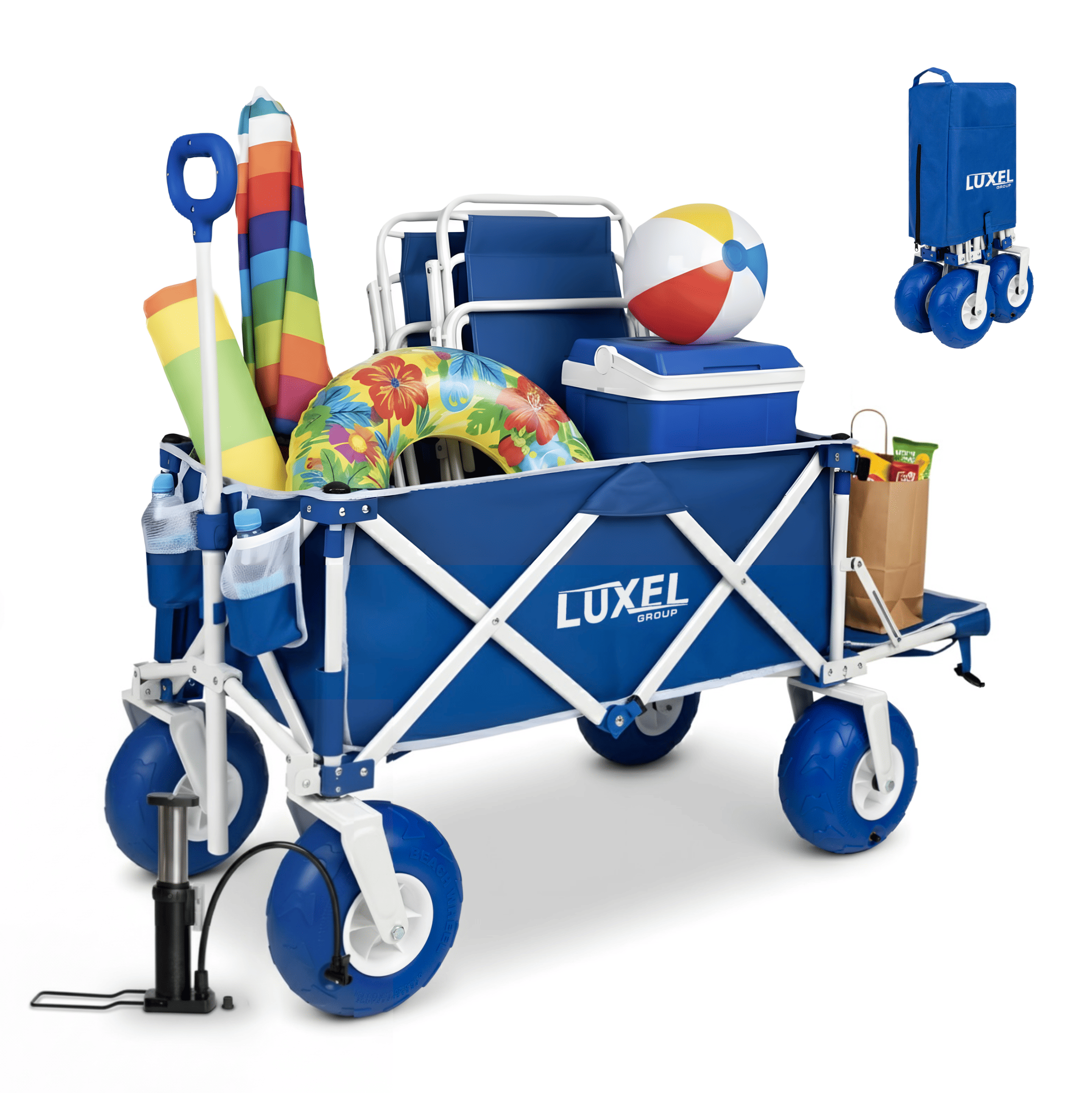 Blue and white folding cart with beach accessories on a white background