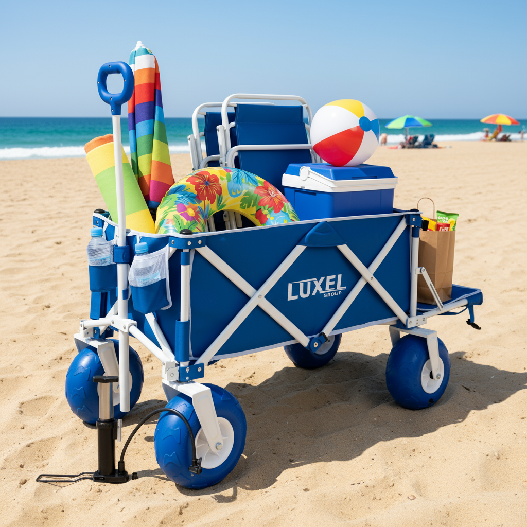 Blue folding beach wagon with big balloon wheels filled with beach gear — umbrella, cooler, chairs, and toys by Luxel Group.