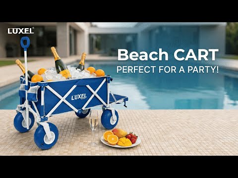 Blue car with an electric cart folded and ready to use, woman in pink swimsuit standing next to it on a beach.