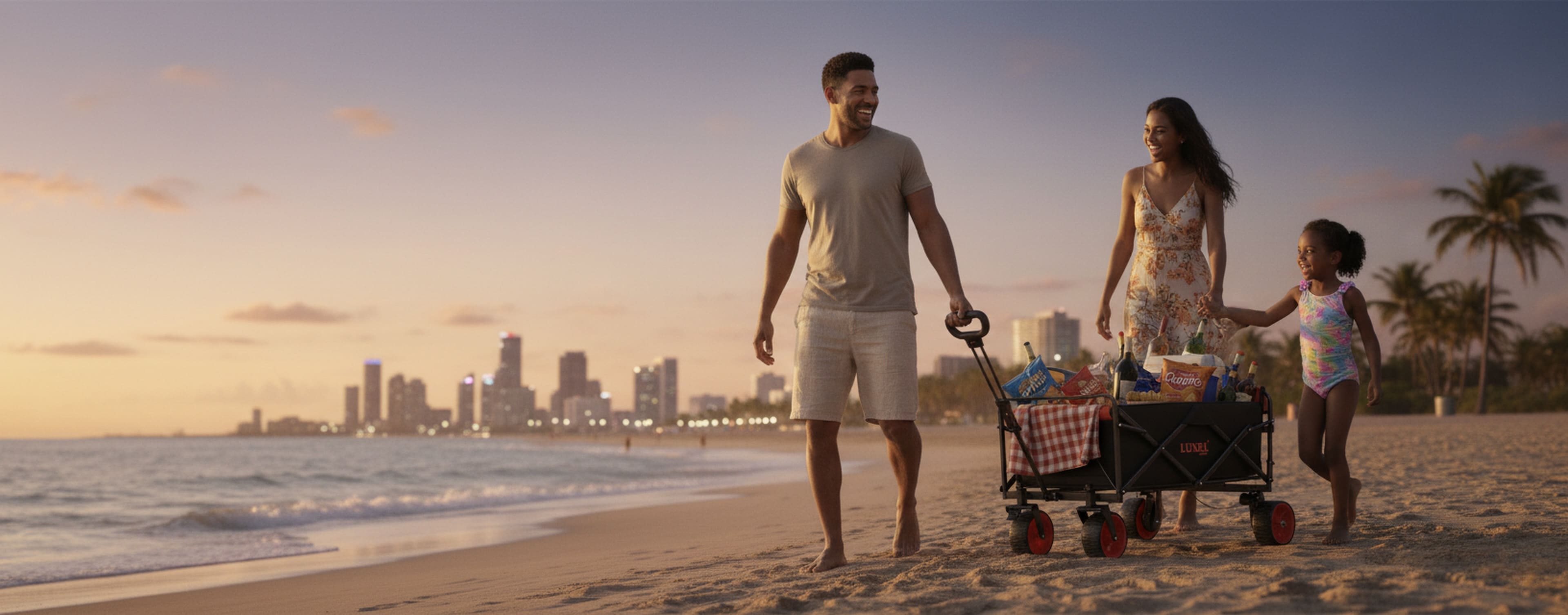 Family with a child on a beach with a city skyline in the background