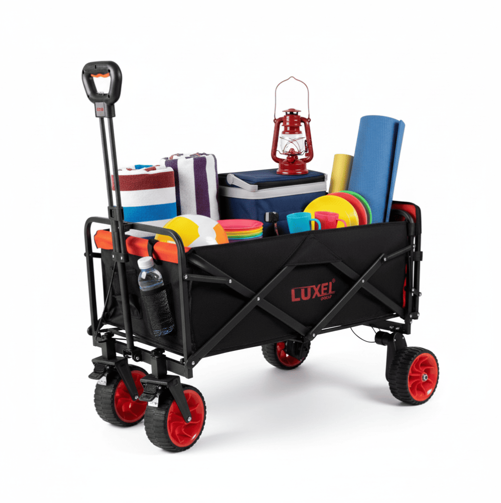 Black folding wagon with red wheels filled with camping gear on a white background