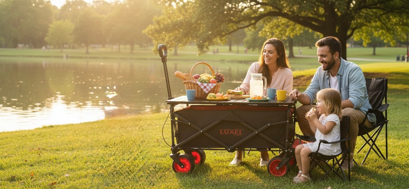 Family enjoying a picnic by a lake with a wooden wagon.